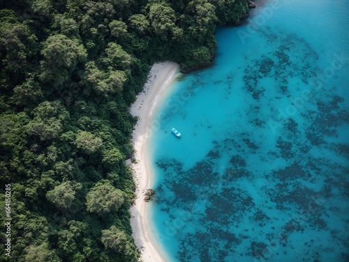 Aerial top down view tropical beach rainforest blue lagoon