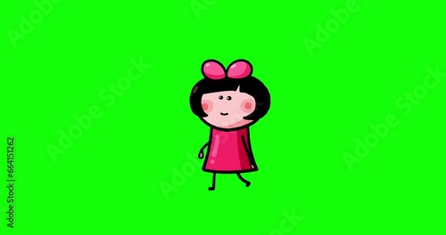 Cartoon pink kid character moves Kasia isolated stand walk stop. Moving child serie transparent greenbox. Useful content presenter no background. photo