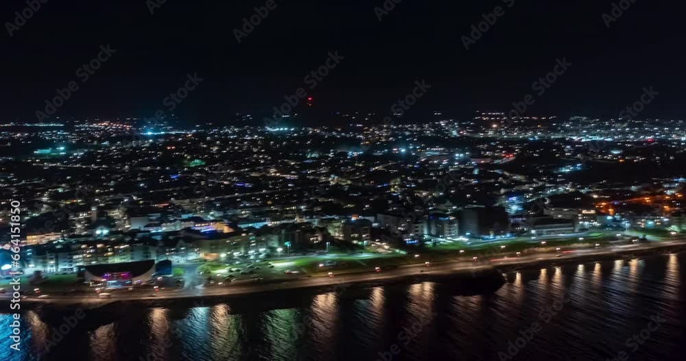 Aerial hyper lapse. The whole Galway City shot at night fro the sea. Aerial hyper lapse. The whole Galway City shot at night fro the sea.