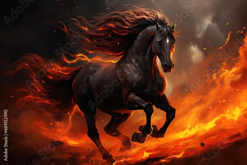 Horse running in the fire background.
