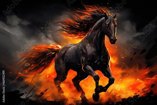 Horse running in the fire background.