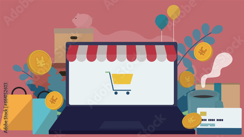 ショッピングバッグやギフトボックス、クレジットカード、お金で飾られたインターネットショッピングのコンセプトイラスト（赤）　Concept illustration of internet shopping decorated with shopping bags, gift box, credit card, and money (red)