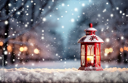 Christmas vintage red lantern in the snow. Candle lamp. Generative AI. © Chirus