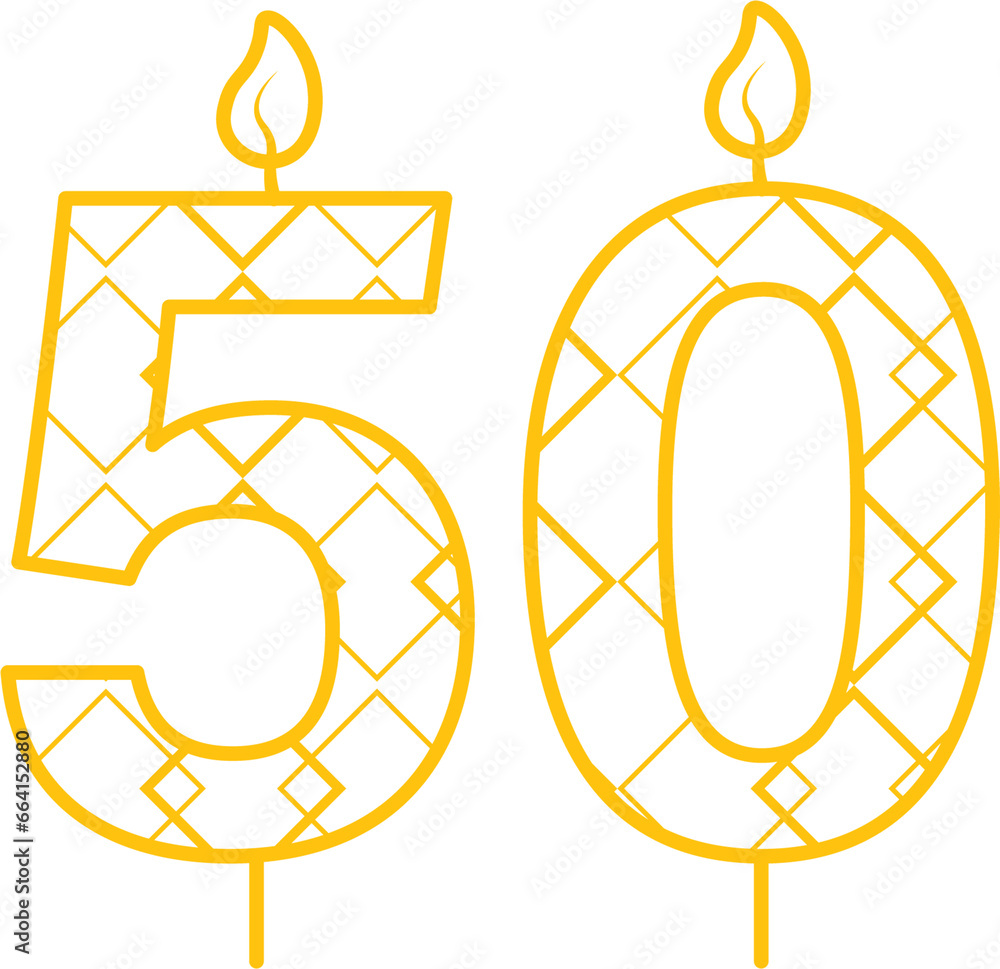 Digital png illustration of yellow 50 birthday candle with pattern on transparent background