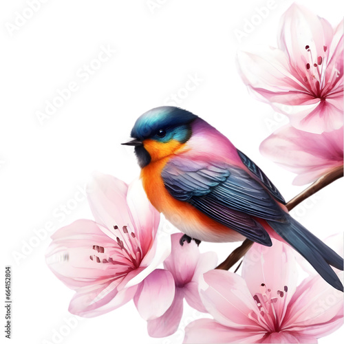 watercolor paintings of colorful bird and spring flowers