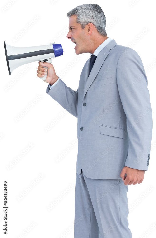 Digital png photo of caucasian businessman shouting using loudspeaker on transparent background