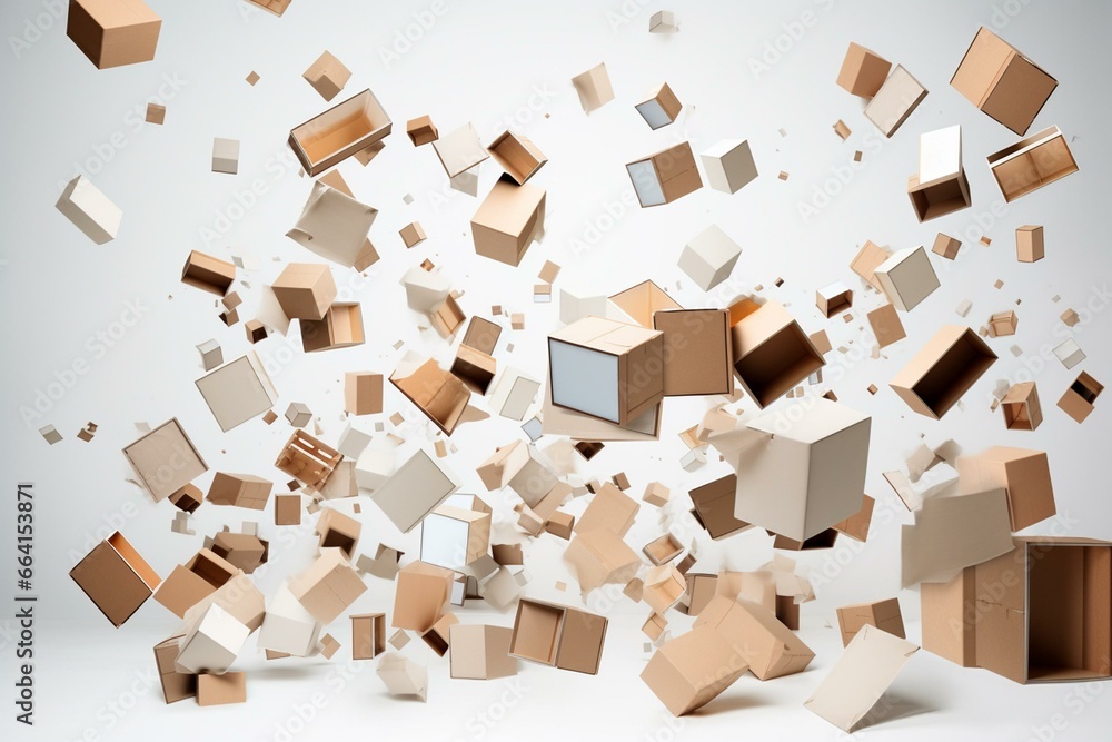 Cardboard boxes falling on white surface. Generative AI