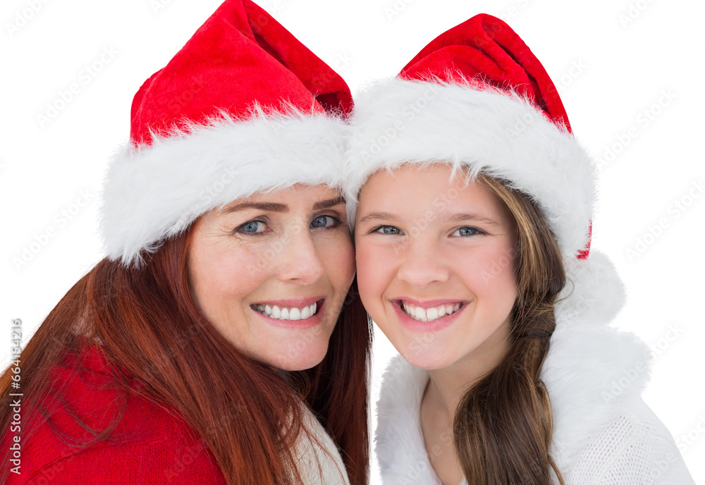 Digital png photo of caucasian mother and daughter with santa claus hats on transparent background Digital png photo of caucasian mother and daughter with santa claus hats on transparent background