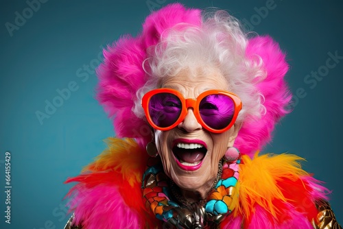 Joyful woman wearing a vibrant neon ensemble, playful sunglasses, and a flamboyant fashion sense, exuberantly laughing and beaming, striking trendy poses in a studio.