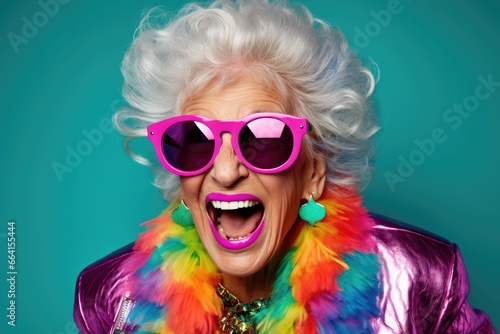 Joyful woman wearing a vibrant neon ensemble  playful sunglasses  and a flamboyant fashion sense  exuberantly laughing and beaming  striking trendy poses in a studio.
