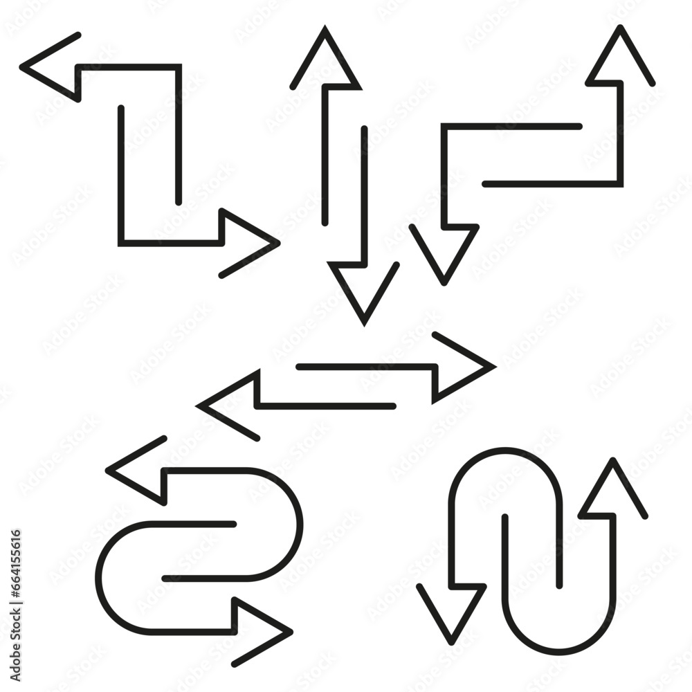 Set of arrows icons. Movement in the left, right, up, backward, arrow pointer line sign. Vector illustration. EPS 10. Set of arrows icons. Movement in the left, right, up, backward, arrow pointer line sign. Vector illustration. EPS 10.