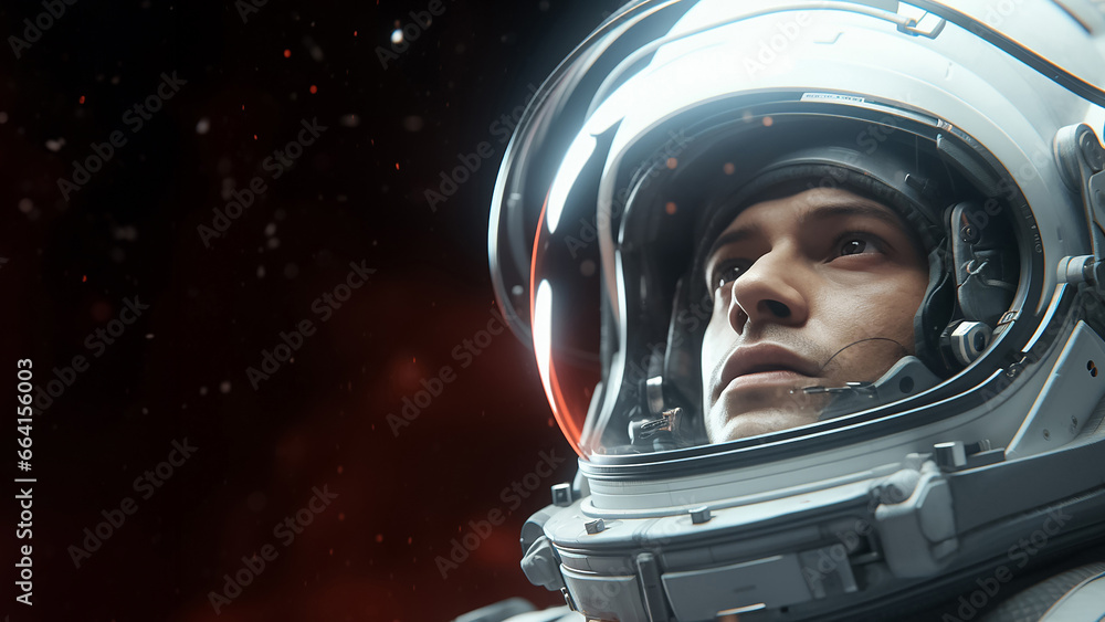The close up portrait of a confident astronaut’s face in a spacesuit on the dark space background with lights of stars, Generative AI. The close up portrait of a confident astronaut’s face in a spacesuit on the dark space background with lights of stars, Generative AI.