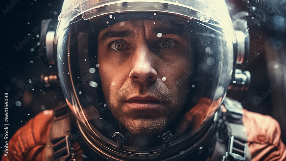 The close up portrait of a confident astronaut’s face in a spacesuit on the dark space background with lights of stars, Generative AI. The close up portrait of a confident astronaut’s face in a spacesuit on the dark space background with lights of stars, Generative AI.