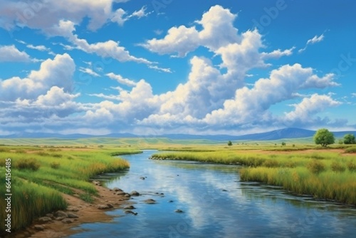Idaho summer landscape: blue skies, water, clouds in serene nature scene. Generative AI