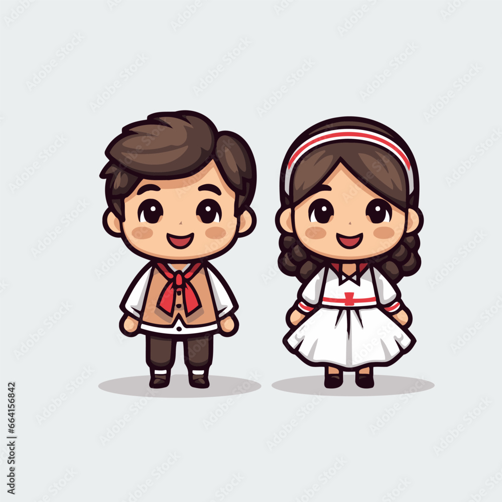 Cute Couple Boy and Girl Wearing Wedding Dress Cartoon Character Cute Couple Boy and Girl Wearing Wedding Dress Cartoon Character