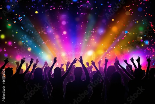 image of a vibrant concert crowd illuminated by colorful stage lights falling confetti live music Generative AI