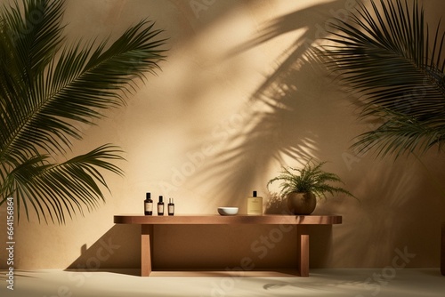 subtle product display backdrop with palm shadow on textured wall. Generative AI © Renata