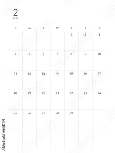  2024年2月february　シンプルカレンダー 祝日表記なし