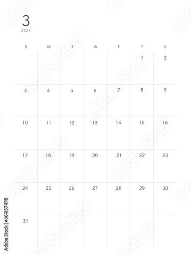 2024年3月march　シンプルカレンダー 祝日表記なし