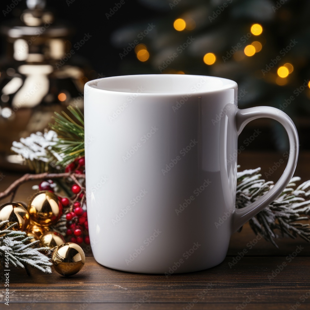 Cup of hot drink with christmas decoration on wooden background. Cup of hot drink with christmas decoration on wooden background.