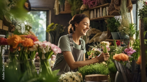 Small business. Female florist unfocused in flower shop. Floral design studio, making decorations and arrangements. Flowers delivery, creating order © PaulShlykov