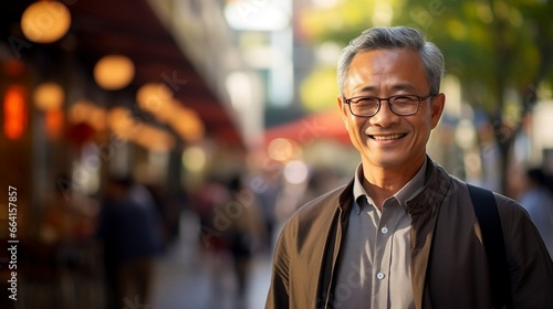 Mature Asian man smiling while standing in the street in casual cloths
