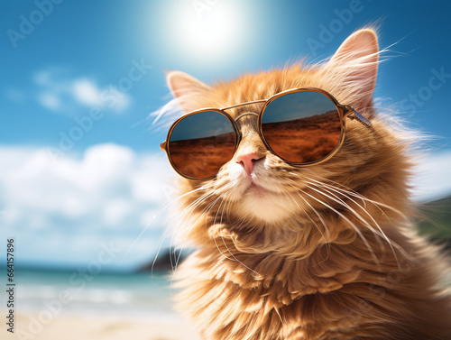 A cat wearing sunglasses by the beach.