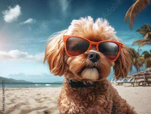 A dog wearing sunglasses by the beach. © Shanorsila