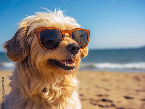 A dog wearing sunglasses by the beach.
