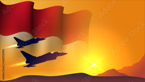 fighter jet plane with monaco waving flag background design with sunset view suitable for national monaco air forces day event