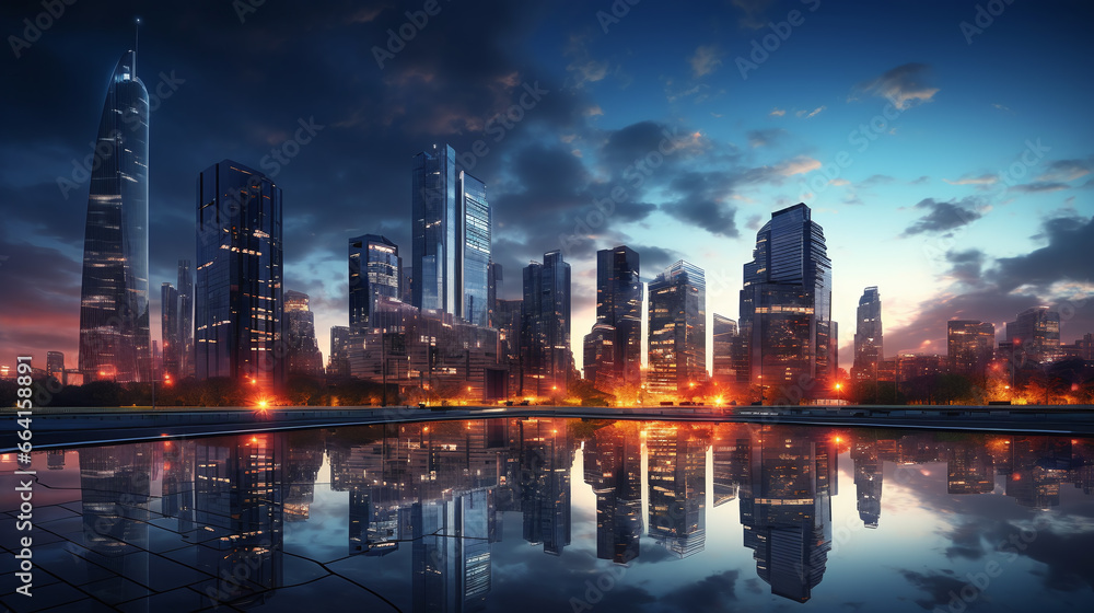 Fototapeta premium Bright and glowing light of urban architecture and cityscape.