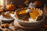 Festive pumpkin pie on a Christmas table, warm and inviting holiday treat.