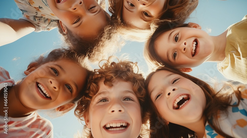 Friendship concept. Group potrait of a cheerful joyful cute little children playing together looking down camera and smiling. photo