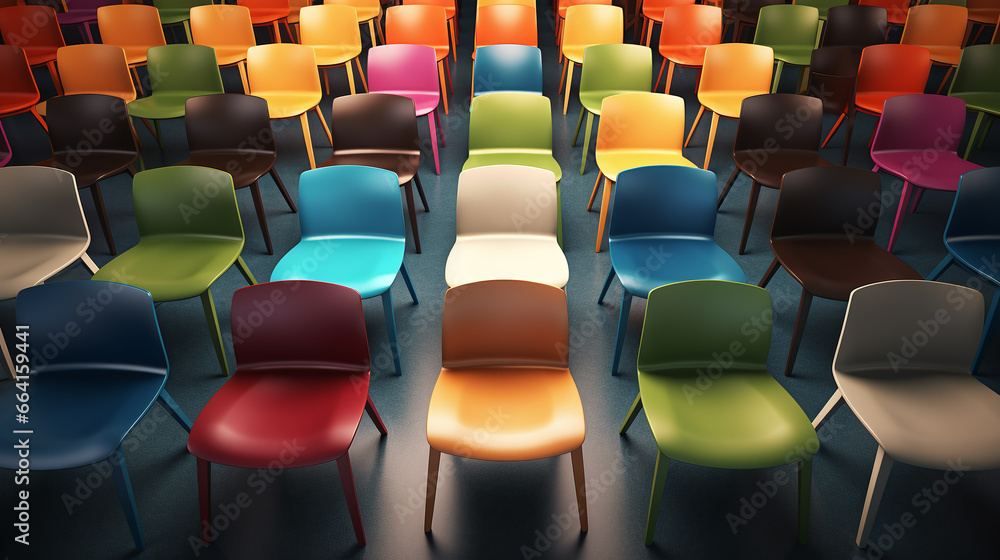 Obraz premium A group of colorful chair in a room.