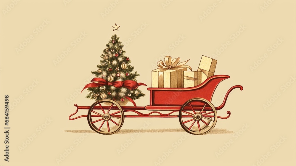 赤いそりの上にゴールドのプレゼントが積んである。赤いリボンで飾られた大きなクリスマスツリーも乗っている。