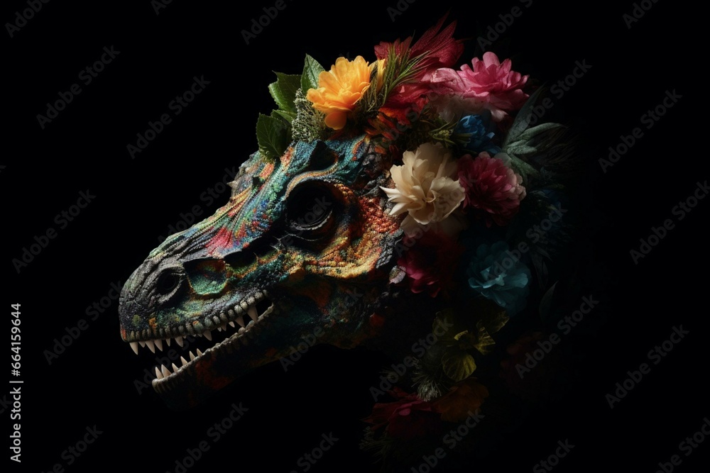 A flowery dinosaur head against a black backdrop. Generative AI