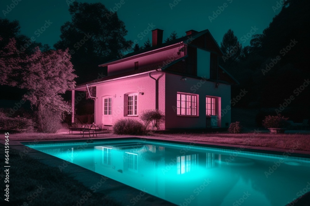 Nighttime pink house with pool. Generative AI