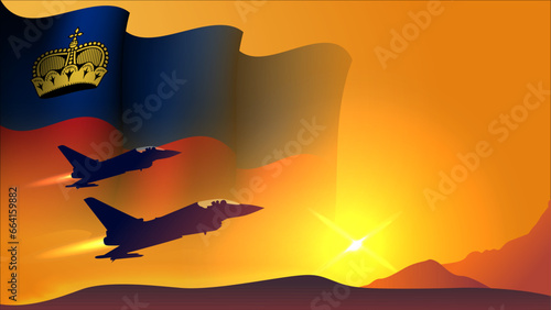 fighter jet plane with liechtenstein waving flag background design with sunset view suitable for national liechtenstein air forces day event