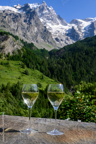 Drinking of dry white Roussette de Savoie and Vin de Savoie wine from Savoy region with view on Hautes Alpes mountains with snow on tops in summer