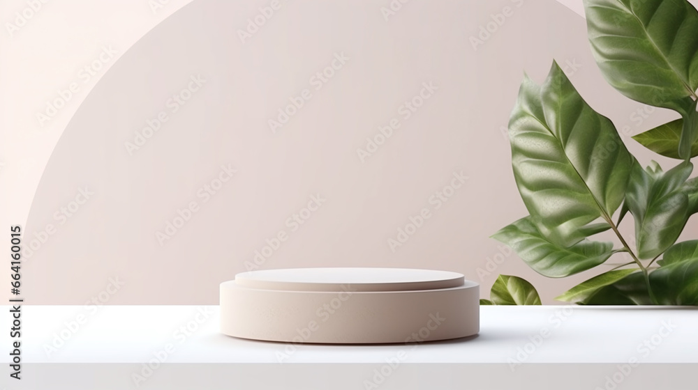 Product display podium with a plant at the background. Product display podium with a plant at the background.