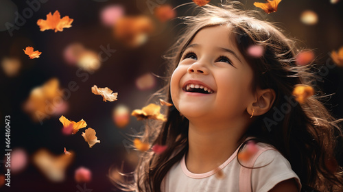 Cute and happy little girl playing with flying petals and fallen leaves during autumn.