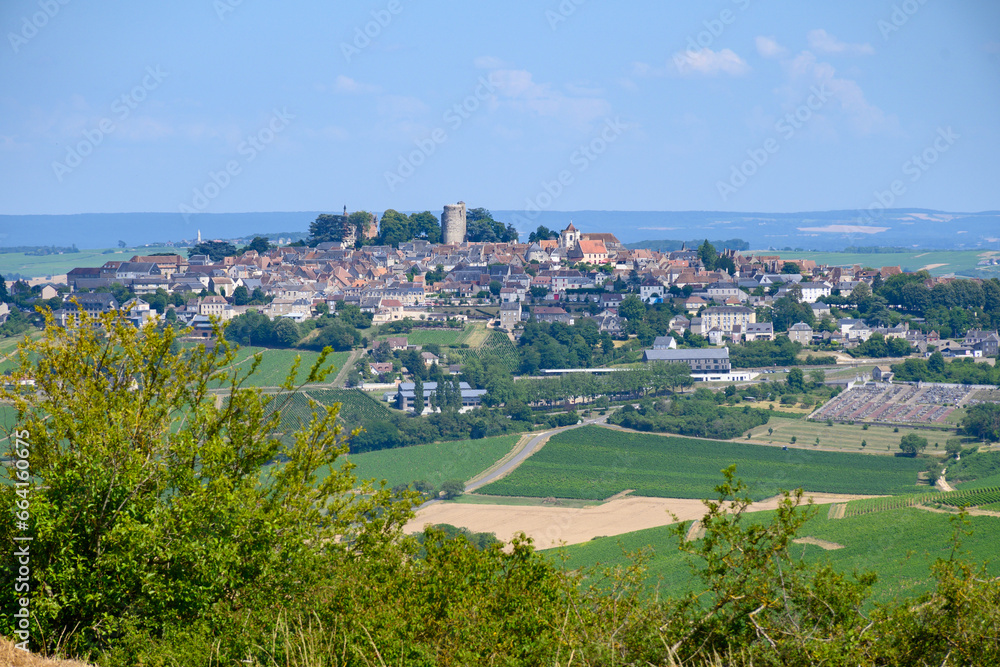 View on Sancerre, medieval hilltop town in Cher department, France overlooking the river Loire valley with Sancerre Chavignol appellation vineyards, noted for its white dry wine.