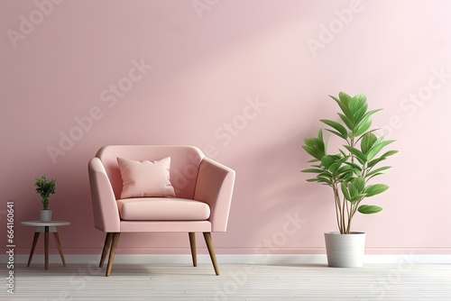 Modern Mid Century Living Room Stylish pink armchair Interior In Pastel Colors Generative AI