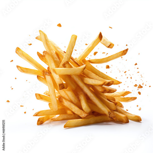 Falling french fries or potato chips isolated on white background.