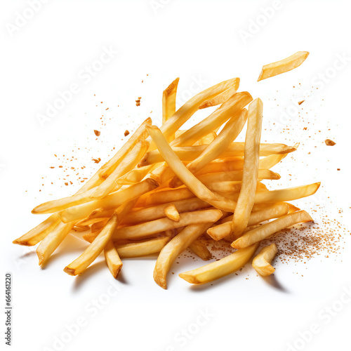 Falling french fries or potato chips isolated on white background.