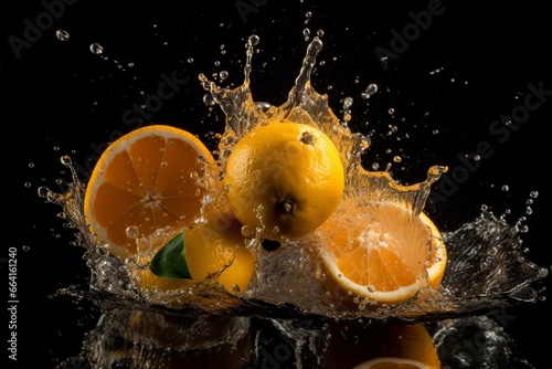 Citrus dropping in drink, causing splash. Generative AI