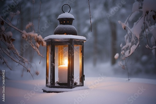Festive candle lantern in snowy winter. Generative AI © Michael