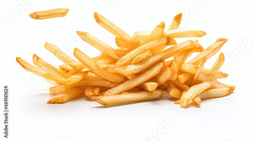 Falling french fries or potato chips isolated on white background. photo