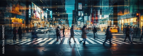 People crossing a city street at night, motion blur photo