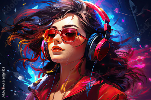 young woman in headphones with neon lights